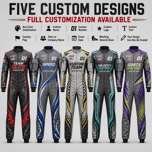 May include: Five custom racing suits featuring various color schemes and graphic patterns. Each suit displays the text "ADAM", "01", and "RACE DAY 2026" along with a small American flag. The top text reads "FIVE CUSTOM DESIGNS" and "FULL CUSTOMIZATION AVAILABLE".