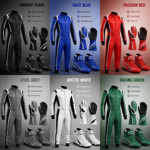 May include: A collection of six racing suits in midnight black, race blue, passion red, steel grey, arctic white, and racing green. Each set includes a long-sleeved jumpsuit, a pair of matching gloves, and high-top racing boots with white accents.