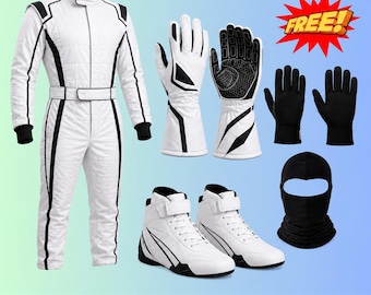 Custom White Racing Suit Set, Personalized Karting Overall with Shoes, Gloves and Free Accessories