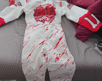 Personalized Zombie Racing Suit for Kids, Custom Halloween Karting Costume, White Red Motorsport Jumpsuit, Name Number Flag Outfit