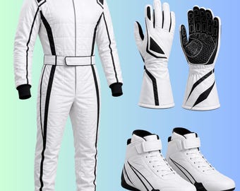 Fully Customized White Racing Suit Set, Personalized Karting Suit With Matching Gloves and Shoes, Custom Name Number Flag Outfit