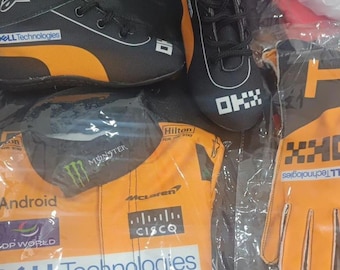 McLaren F1 Racing Shoes Set, Formula 1 Racing Suit Accessories, Motorsport Racing Boots Gloves Set, McLaren Fan Racing Gear