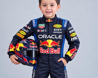 Personalized Red Bull Suit, Kids Formula Racing Costume, Navy Blue Oracle Race Jumpsuit, Boys Driver Outfit