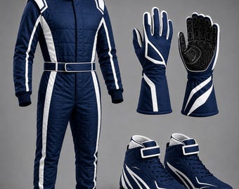 Custom Navy Blue Racing Suit Set, Karting Suit with Matching Gloves and Shoes, Personalized Motorsport Outfit