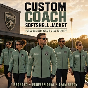 Puede incluir: Un grupo de personas con chaquetas softshell de color verde salvia con cremalleras, cuellos y puños negros. Cada chaqueta presenta el logotipo del Northside Athletic Club en el pecho, con texto que identifica los roles de cada persona.