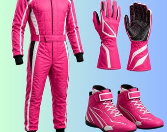 Custom Pink Racing Suit Set, Personalized Karting Suit With Matching Gloves and Shoes, Kids Adult Motorsport Outfit