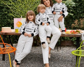 Custom White Racing Suit Family Outfit, Personalized Motorsport Costume for Mom and Kids, Matching F1 Style Driver Suit