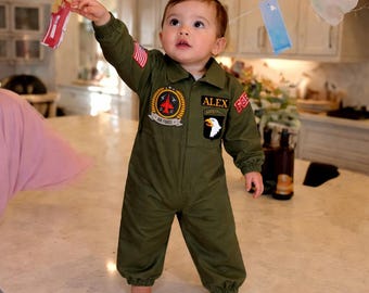 Personalized Baby Pilot Romper, Custom Name Army Green Flight Suit, Air Force Inspired Baby Costume, Toddler Jumpsuit