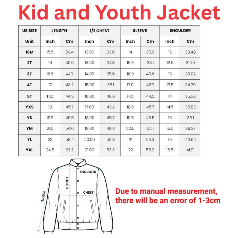 Puede incluir: Tabla de tallas para una chaqueta infantil y juvenil, con medidas en pulgadas y cent&iacute;metros. La tabla incluye tallas de 18M a YXL, detallando las dimensiones de largo, pecho, manga y hombro. Tambi&eacute;n se incluye un diagrama de la chaqueta.