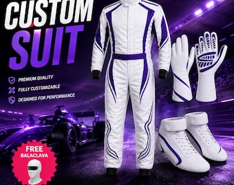 Macacão de corrida roxo personalizado, macacão estilo kart personalizado, roupa de automobilismo para adultos e crianças, luvas e sapatos combinando, equipamento de equipe de corrida