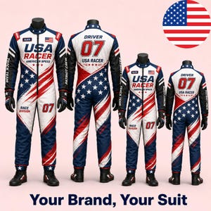 May include: Four racing suits on mannequins, featuring a patriotic design with the American flag. The suits are white, blue, and red, with "USA RACER" and the number "07" prominently displayed. The text "Your Brand, Your Suit" is at the bottom.