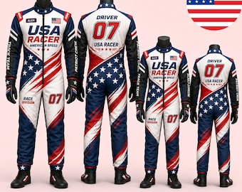 Custom USA Flag Racing Suit, Personalized Adult and Kids Motorsport Jumpsuit, American Racer Driver Costume, Matching Family Karting Outfit