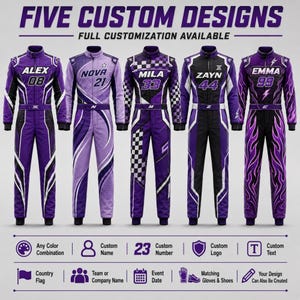 May include: Five custom racing suits in shades of purple, black, and white. Each suit features unique patterns including checkers, flames, and geometric lines, with names like Alex, Nova, Mila, Zayn, and Emma and numbers printed on the chest area.