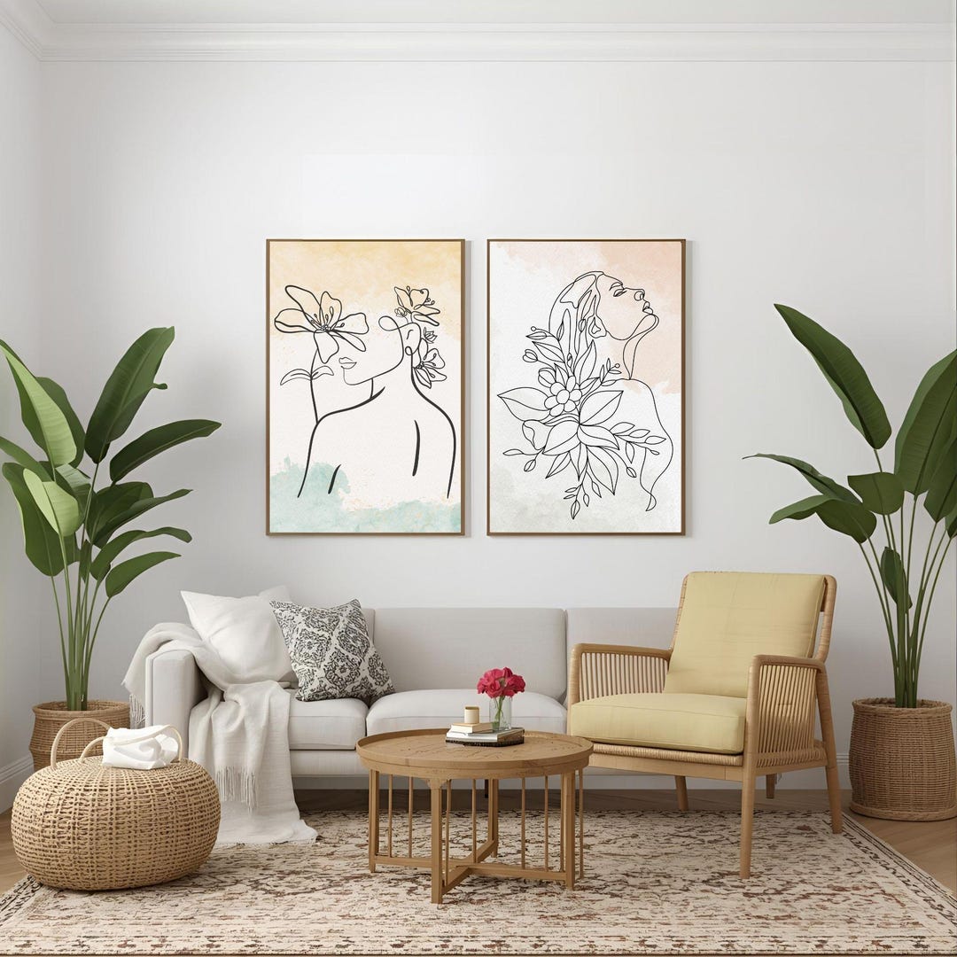 Watercolor Floral Woman Line Art Print Set: Minimalist Boho Decor (PDF ...