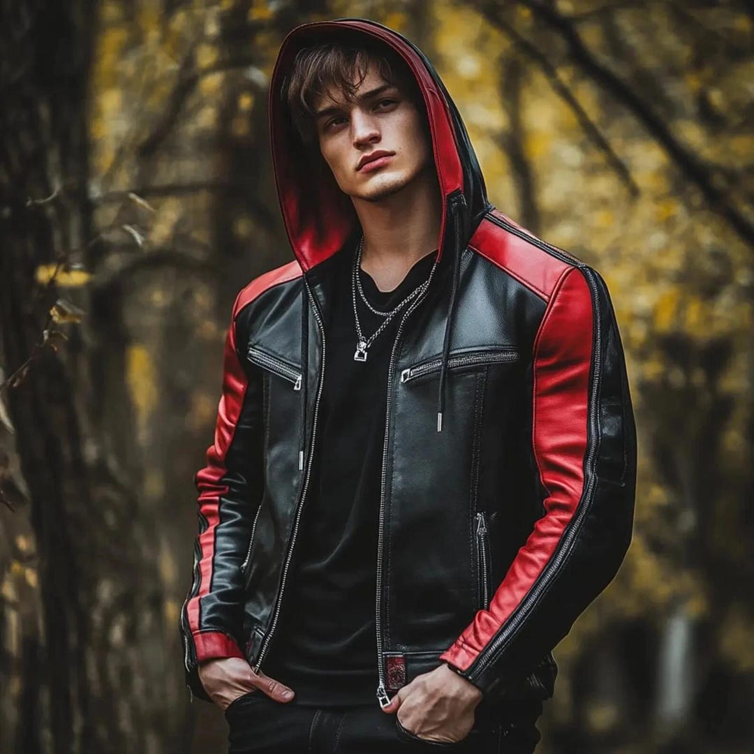 Man Red Racing Jacket Red & Black Hooded Leather Biker Jacket: Men's Motorcycle Coat - Etsy