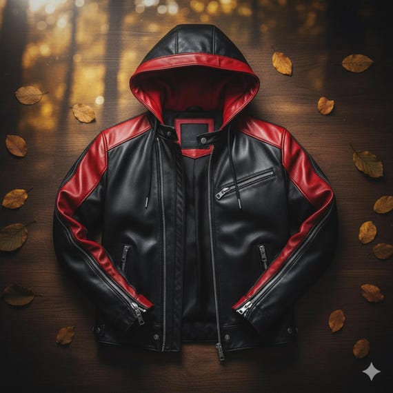 Red & Black Hooded Leather Biker Jacket: Men's Motorcycle Coat - Etsy