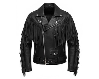 Handmade Black Cowhide Fringe Leather Biker Jacket - Men's Outlaw Style