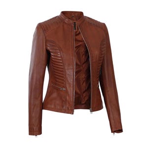Cognac Waxed Leather Jacket: Women's Vintage Style Blazer