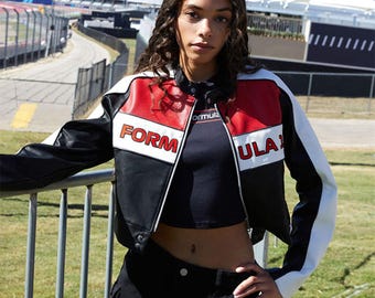 Vintage F1 Leather Racing Jacket Unisex – Black & Red Motorsport Bomber Streetwear Gift For Her