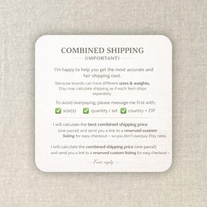 May include: A square white informational card with rounded corners featuring dark gray text that reads COMBINED SHIPPING (IMPORTANT) followed by instructions to message for accurate shipping costs including size, quantity, and location.