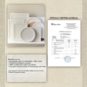 May include: A collection of white wooden icon boards in square, rectangular, and circular shapes, accompanied by a document titled OFFICIALLY CERTIFIED MATERIALS and a text block detailing the use of linden, alder wood, and true gesso.