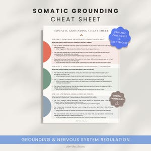 May include: A somatic grounding cheat sheet and daily tracker, available as a digital download. The sheet provides guidance on managing stress and anxiety. The design features a white background with colorful accents and text.