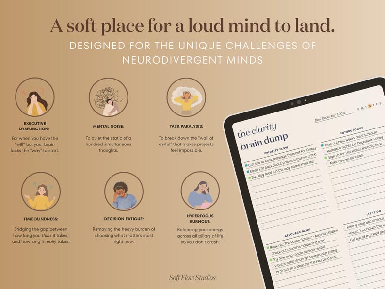 May include: A digital planner with the text "the clarity brain dump" on a tablet. The image also includes illustrations and descriptions of challenges faced by neurodivergent minds, such as executive dysfunction and mental noise.