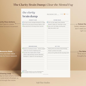 May include: A beige printable planner titled "The Clarity Brain Dump: Clear the Mental Fog." It features sections for priority flow, future focus, resource bank, and a release valve. The planner includes checkboxes and prompts for organization.