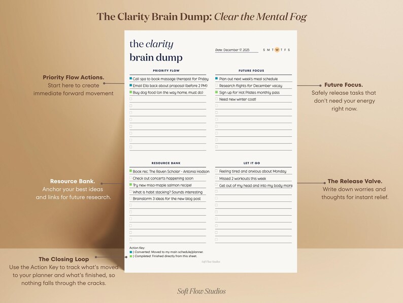May include: A beige printable planner titled "The Clarity Brain Dump: Clear the Mental Fog." It features sections for priority flow, future focus, resource bank, and a release valve. The planner includes checkboxes and prompts for organization.