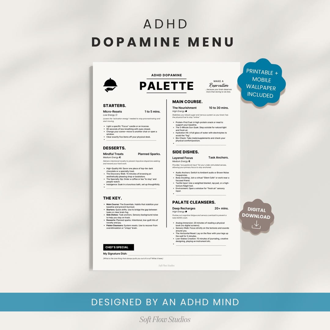 ADHD Dopamine Menu Printable: Task Paralysis Tool for Focus ...