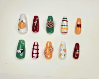Thanksgiving Press On Nails, Fall Nail Set, Pumpkin Nails, Autumn Nails, 3D Pie Nails, Cute Fall Press Ons, Handmade Nails