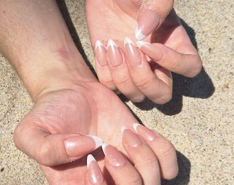 Chrome French Tip Press On Nails, Shimmer French Nails, Pink Chrome Nails, Bridal Press Ons, Almond French Nails, Handmade Nails