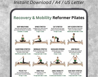 Pode incluir: Um download digital intitulado "Recovery & Mobility Reformer Pilates" com instruções para vários exercícios. A imagem apresenta ilustrações de exercícios como respiração profunda, alongamento da coluna, alongamento do gato e alongamento dos flexores do quadril.