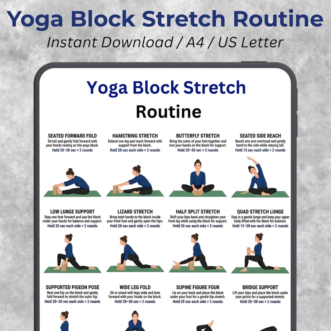 Yoga Block Stretch Chart Printable, 16 Full Body Stretches, Flexibility ...