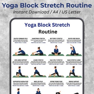 May include: A digital download titled "Yoga Block Stretch Routine" with instructions for various yoga poses. The routine includes illustrations and descriptions for each pose, such as Seated Forward Fold and Hamstring Stretch. The document is designed for A4/US Letter printing.