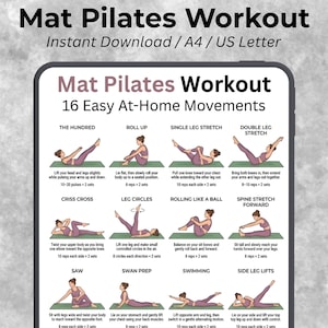 Pode incluir: Download digital "Mat Pilates Workout" com 16 movimentos fáceis em casa. A imagem mostra exercícios ilustrados, incluindo The Hundred, Roll Up, Single Leg Stretch e Criss Cross. O texto indica A4 e US Letter.