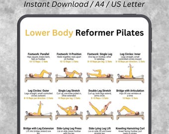 Tabela ćwiczeń na dolne partie ciała na reformerze, ćwiczenia Pilates na nogi do druku, plakat z 16 ćwiczeniami wzmacniającymi nogi, plan treningowy w domu w formacie PDF A4, format US Letter