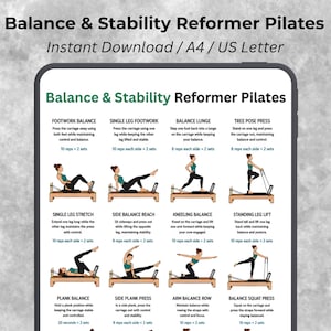 May include: A digital chart titled Balance & Stability Reformer Pilates displaying twelve exercise illustrations with instructions. Each section includes the exercise name, movement description, and repetition count for a reformer machine workout.