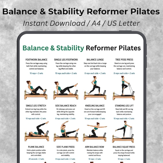 Reformer Pilates Balance Workout | Stability Training Poster | Printable Pilates Wall Chart PDF | Core Strength Exercises | A4 & US Letter