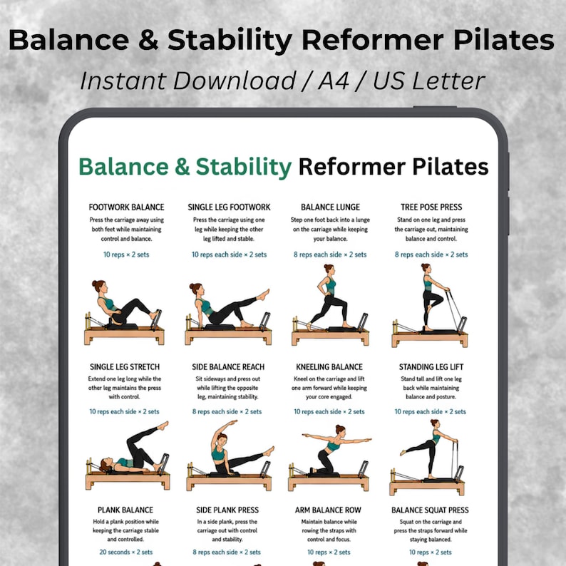 May include: A digital chart titled Balance & Stability Reformer Pilates displaying twelve exercise illustrations with instructions. Each section includes the exercise name, movement description, and repetition count for a reformer machine workout.