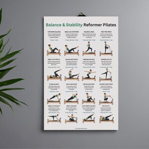 May include: A white instructional poster titled Balance & Stability Reformer Pilates featuring sixteen illustrations of individuals performing various exercises on a reformer machine, with text descriptions and repetition counts for each movement.