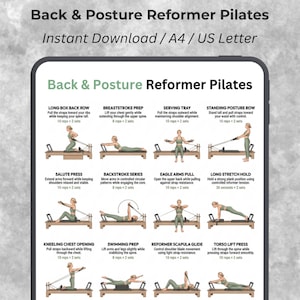 Może przedstawiać: Cyfrowe pobranie zatytułowane "Back & Posture Reformer Pilates" z instrukcjami ćwiczeń. Obraz przedstawia serię ćwiczeń Pilates, w tym Long Box Back Row, Breaststroke Prep i Serving Tray. Ćwiczenia są zilustrowane diagramami.