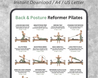 Pode incluir: Um download digital intitulado "Back & Posture Reformer Pilates" com instruções de exercícios. A imagem mostra uma série de exercícios de Pilates, incluindo Long Box Back Row, Breaststroke Prep e Serving Tray. Os exercícios são ilustrados com diagramas.