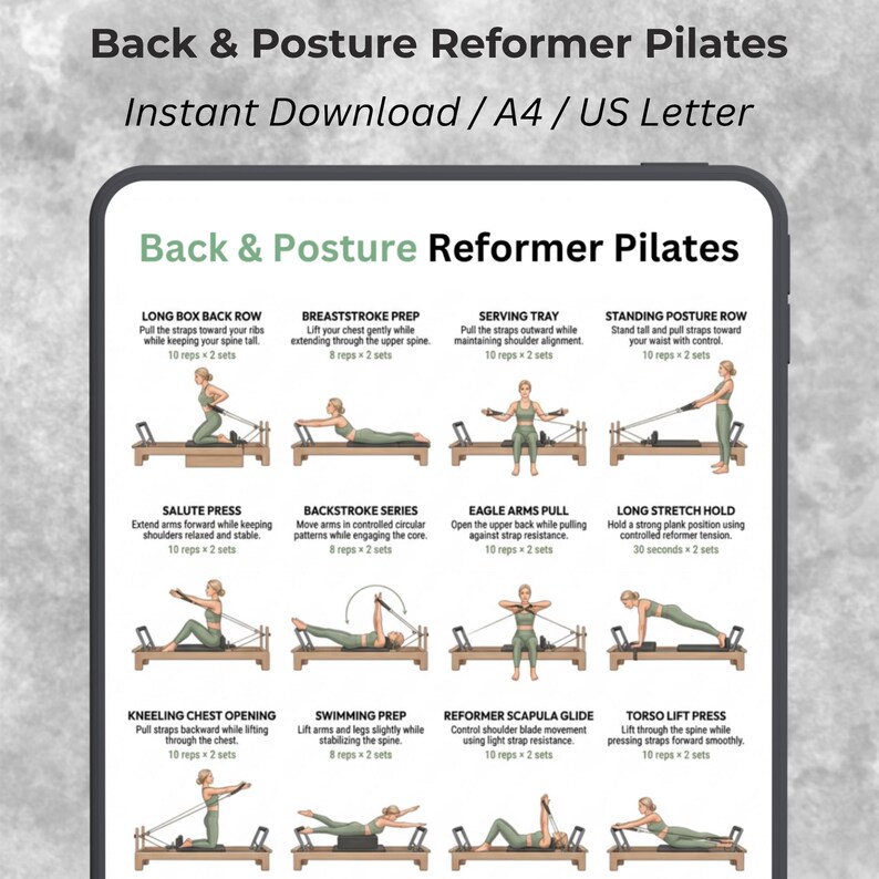 Może przedstawiać: Cyfrowe pobranie zatytułowane "Back & Posture Reformer Pilates" z instrukcjami ćwiczeń. Obraz przedstawia serię ćwiczeń Pilates, w tym Long Box Back Row, Breaststroke Prep i Serving Tray. Ćwiczenia są zilustrowane diagramami.