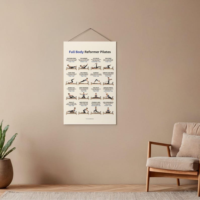 Pode incluir: Um cartaz de parede vertical intitulado Full Body Reformer Pilates, apresentando uma grade de vinte ilustra&ccedil;&otilde;es que mostram v&aacute;rias posi&ccedil;&otilde;es de exerc&iacute;cio em uma m&aacute;quina reformer. Cada ilustra&ccedil;&atilde;o inclui um r&oacute;tulo e um breve texto explicativo.