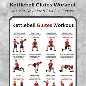 Może przedstawiać: Cyfrowy przewodnik treningowy zatytułowany "Kettlebell Glutes Workout" z ilustracjami różnych ćwiczeń. Przewodnik zawiera instrukcje dotyczące ćwiczeń takich jak wymachy kettlebell, przysiady, martwy ciąg, wykroki i wypychanie bioder. Natychmiastowe pobranie.
