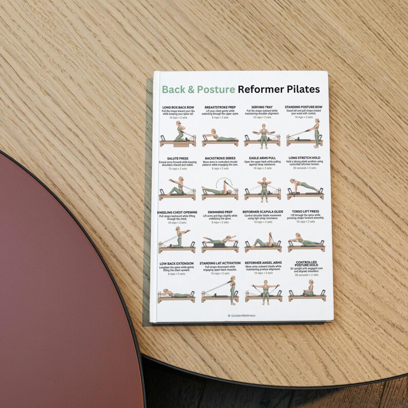 Może przedstawiać: Biała książka zatytułowana "Back & Posture Reformer Pilates" z ilustracjami ćwiczeń Pilates. Książka jest otwarta, wyświetlając r&oacute;żne ćwiczenia z instrukcjami. Książka leży na drewnianej powierzchni.