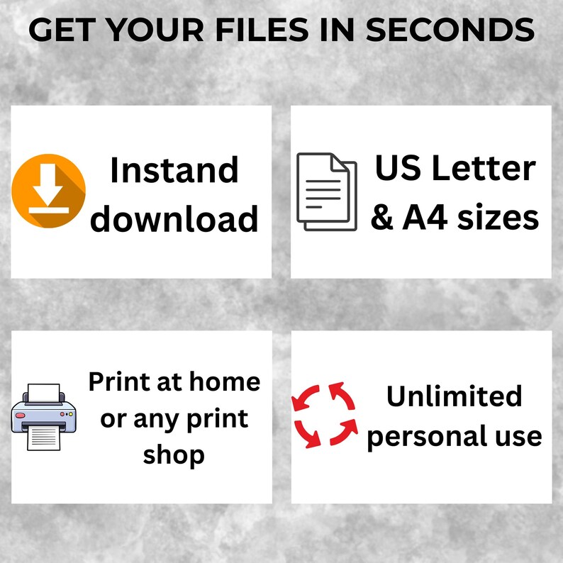 Może przedstawiać: Grafika z tekstem "GET YOUR FILES IN SECONDS" i czterema blokami informacyjnymi. Bloki m&oacute;wią "Natychmiastowe pobieranie", "Rozmiary US Letter i A4", "Drukuj w domu lub w dowolnej drukarni" oraz "Nieograniczone użytkowanie osobiste".