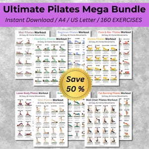 Op de afbeelding: Een verzameling Pilates workout gidsen, waaronder Mat, Beginner, Core & Abs, Glutes, Flexibility, Lower Body, Arm, Wall, Fat Burning en Wall Chair Pilates. Elke gids bevat 16 eenvoudige oefeningen voor thuis. De tekst "Ultimate Pilates Mega Bundle" en "Save 50%" is inbegrepen.