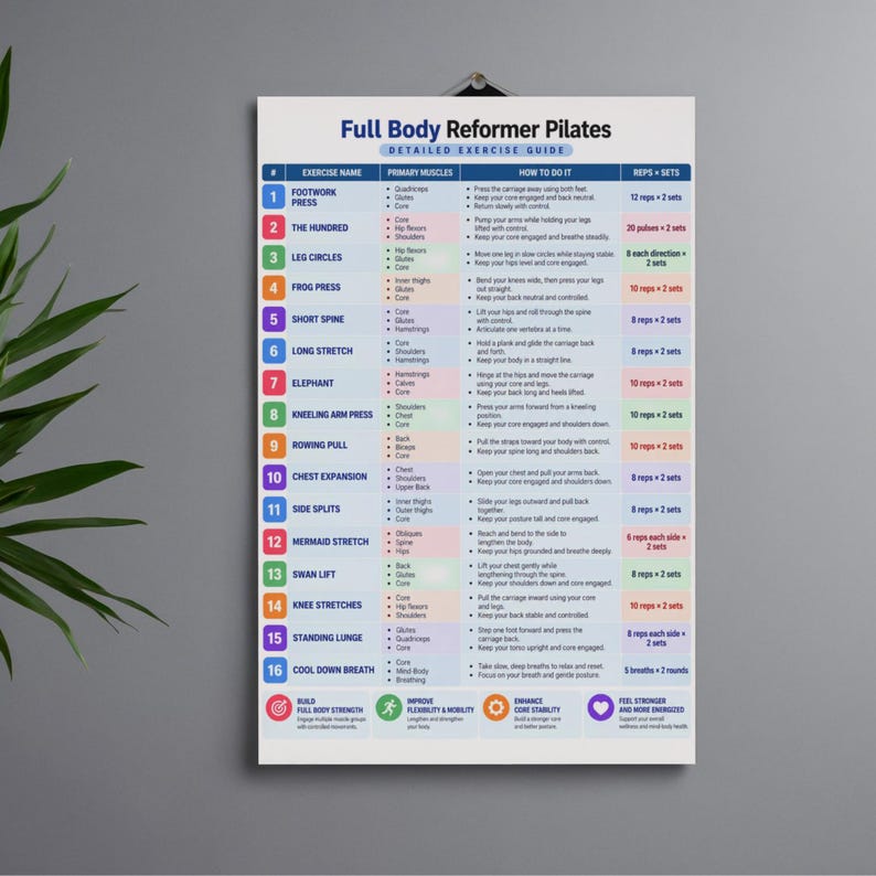 Pode incluir: Um cartaz de parede vertical intitulado Full Body Reformer Pilates Detailed Exercise Guide. O gr&aacute;fico apresenta uma lista numerada de 1 a 16, detalhando nomes de exerc&iacute;cios, m&uacute;sculos prim&aacute;rios, instru&ccedil;&otilde;es e s&eacute;ries de repeti&ccedil;&otilde;es em uma tabela.